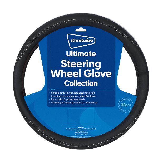 Ultimate Steering Wheel Glove - Black With White Stitching (Outer Ctn Qty: 12)